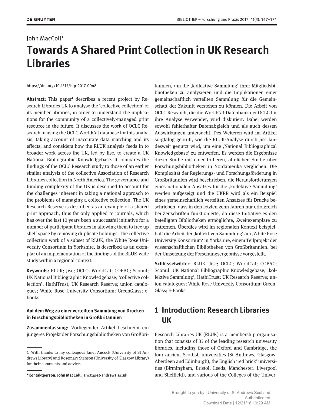 Towards a Shared Print Collection in UK Research Libraries