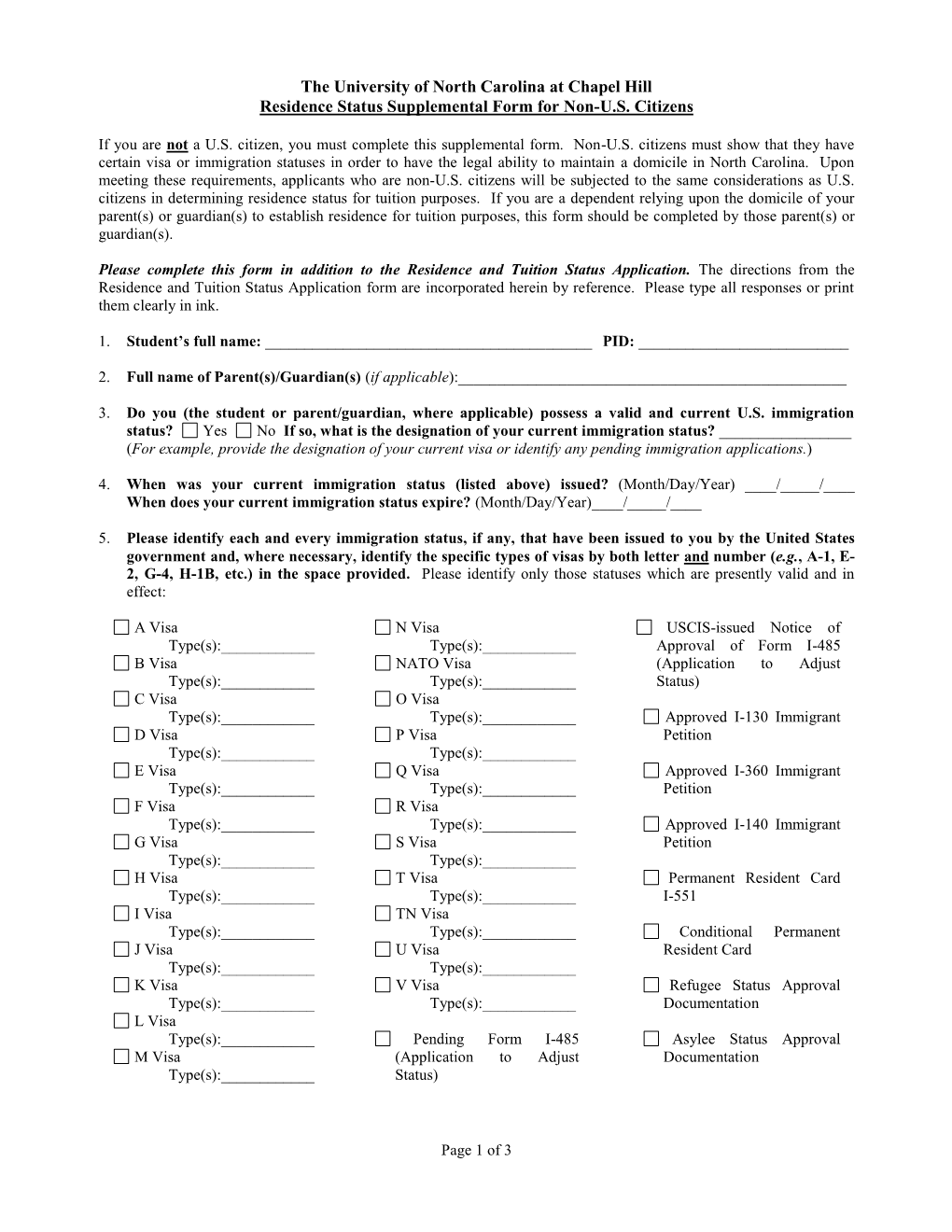 Revised Residence Form -- Non-US Citizens