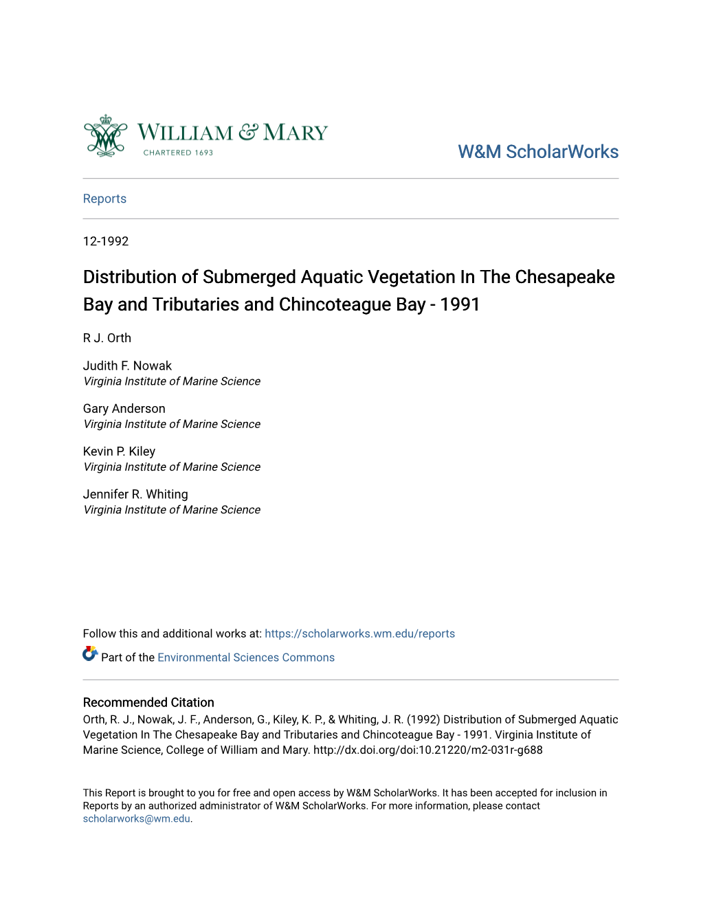 Distribution of Submerged Aquatic Vegetation in the Chesapeake Bay and Tributaries and Chincoteague Bay - 1991