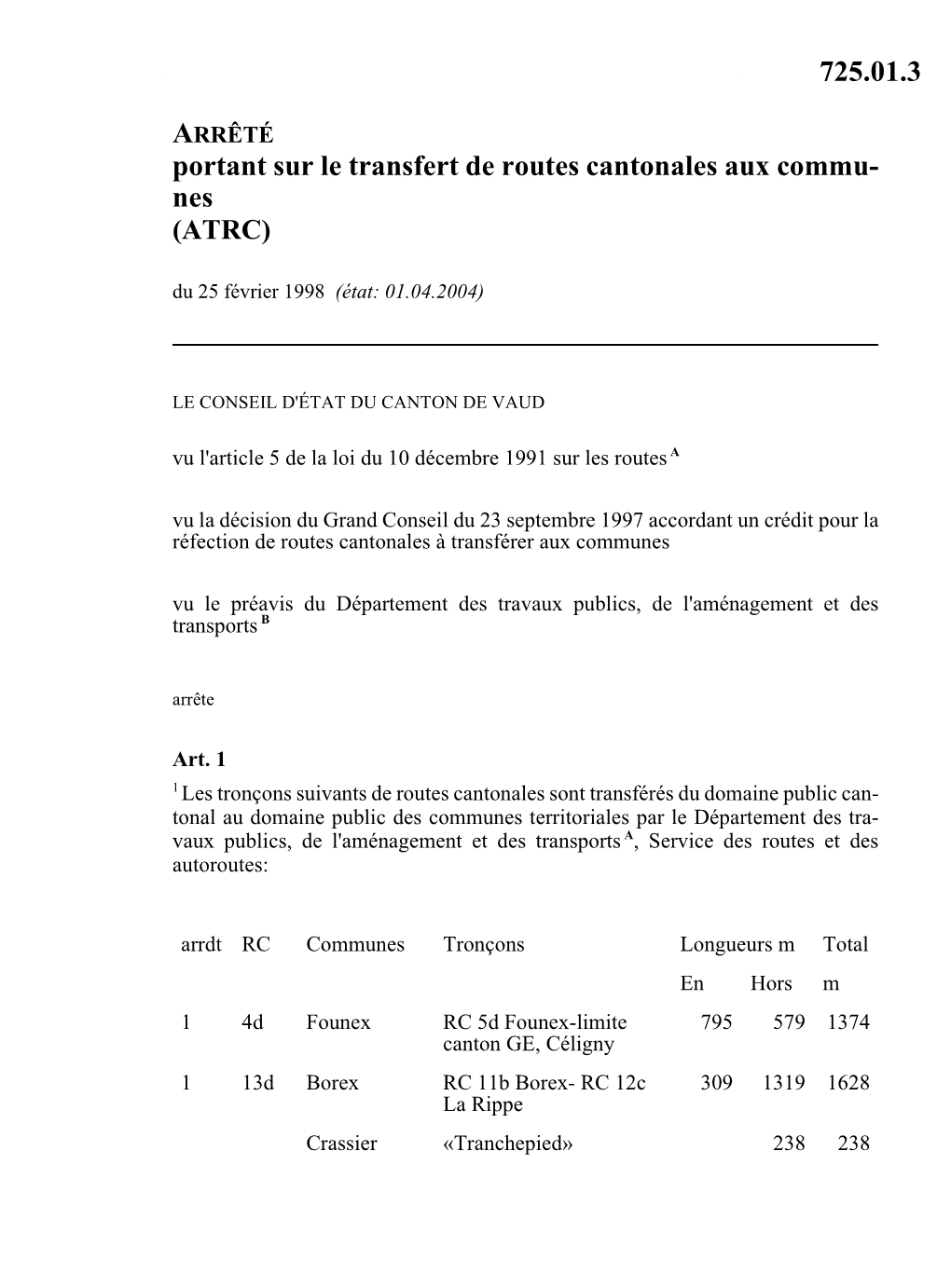 725.01.3 Portant Sur Le Transfert De Routes Cantonales Aux