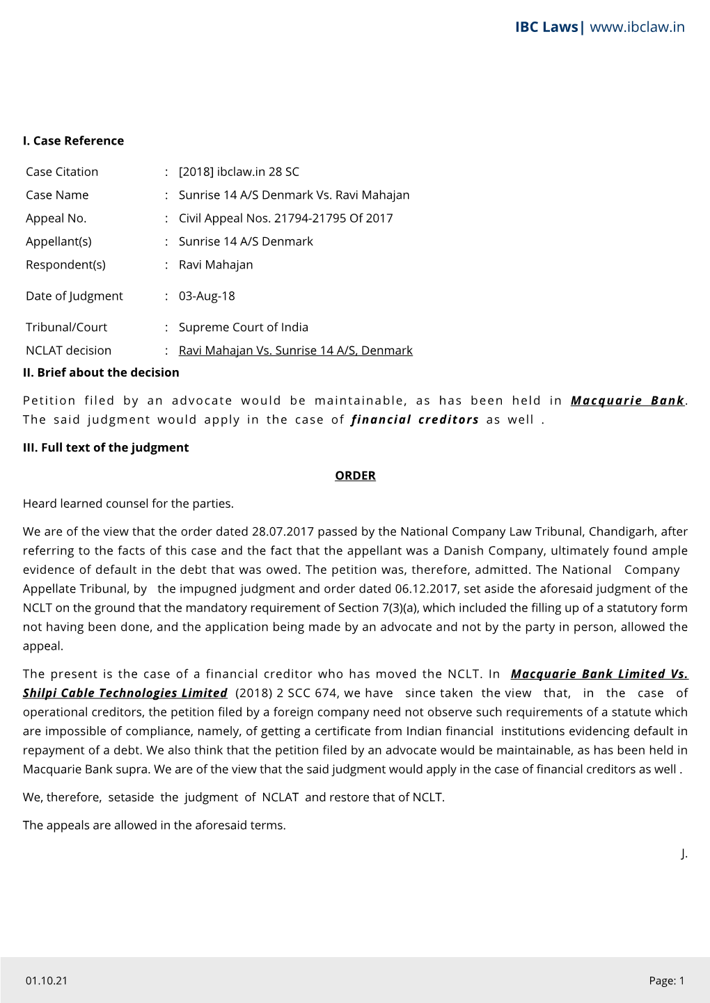 Sunrise 14 A/S Denmark Vs. Ravi Mahajan Appeal No