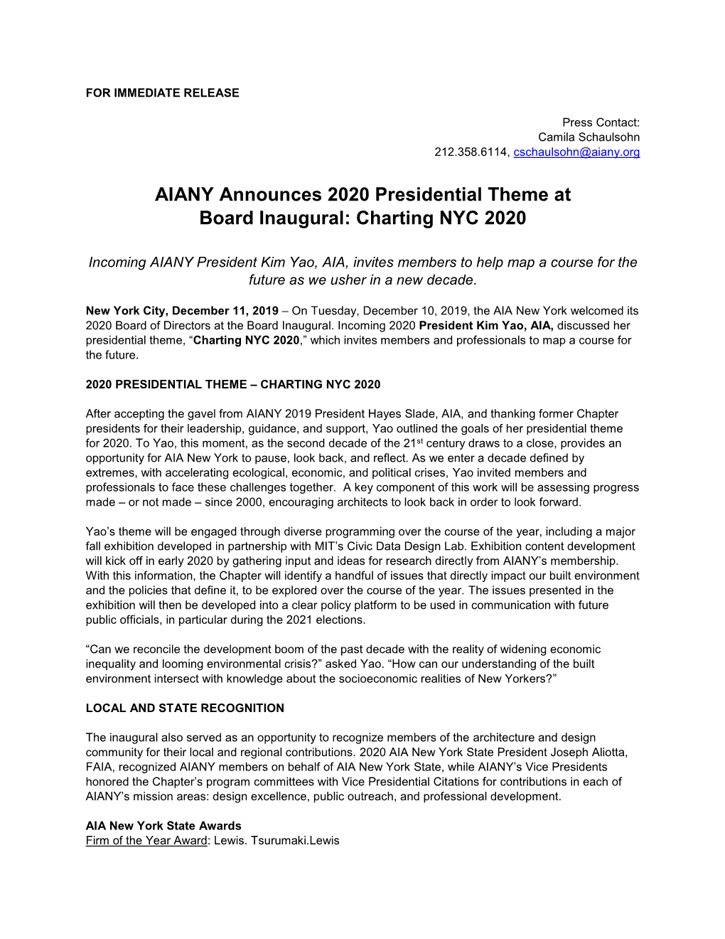 AIANY Announces 2020 Presidential Theme at Board Inaugural: Charting NYC 2020