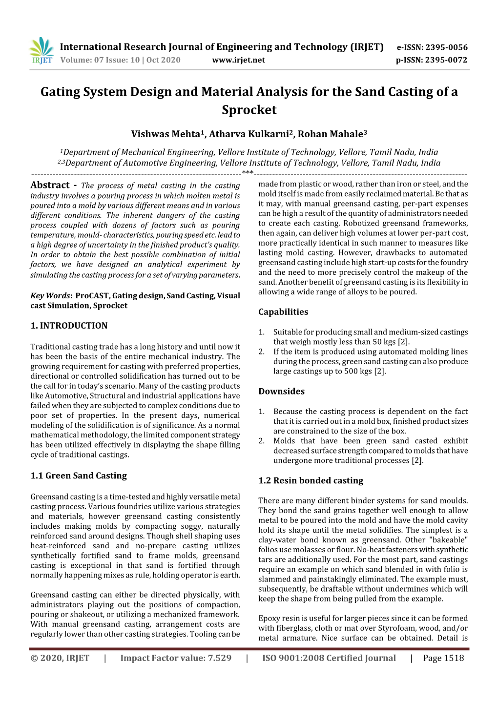 Gating System Design and Material Analysis for the Sand Casting of a Sprocket