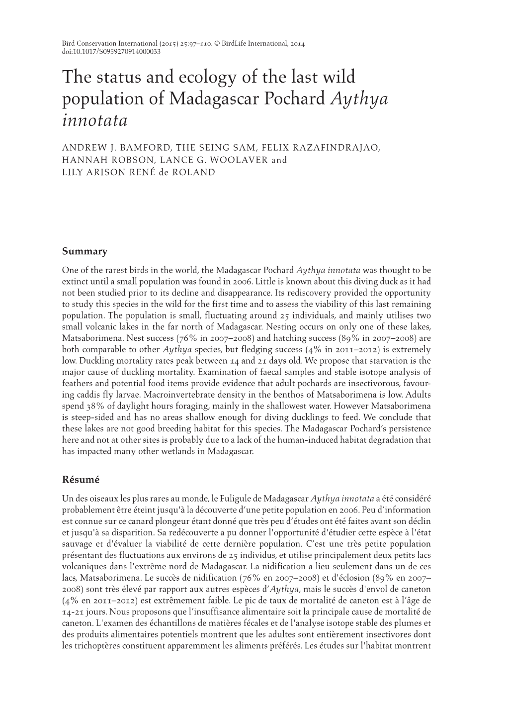 The Status and Ecology of the Last Wild Population of Madagascar Pochard Aythya Innotata