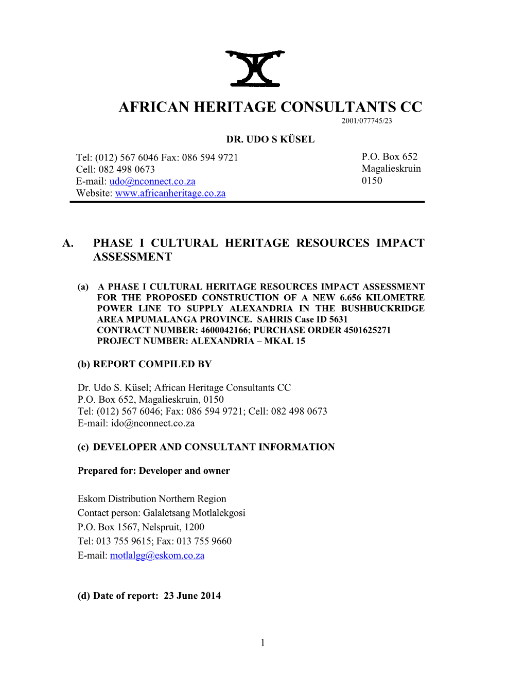 African Heritage Consultants Cc 2001/077745/23 Dr