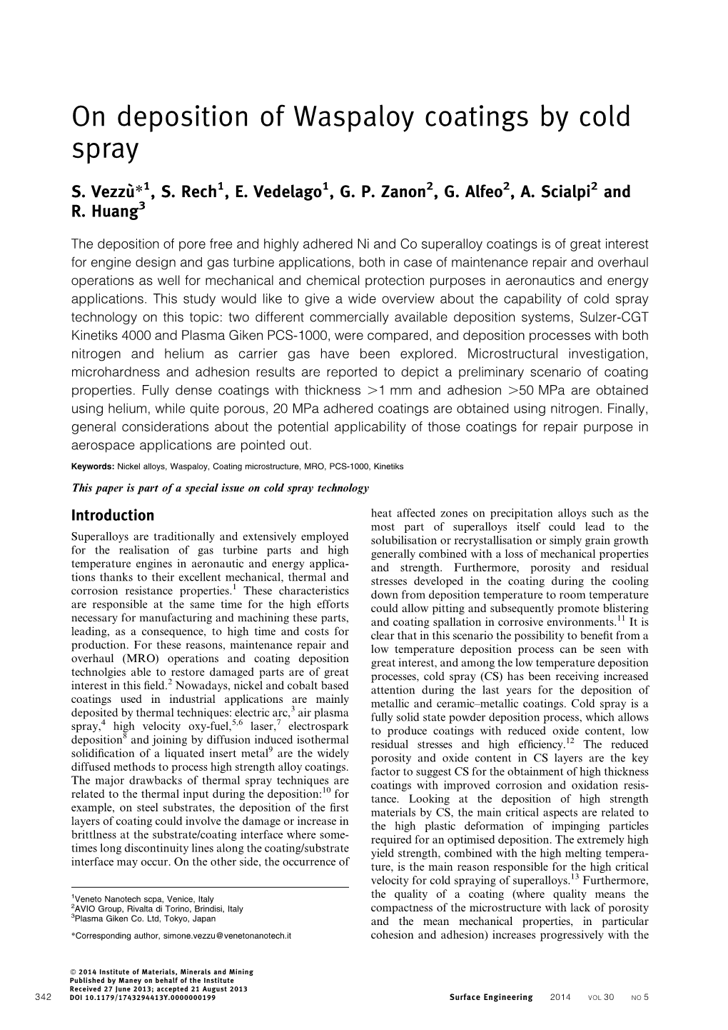 On Deposition of Waspaloy Coatings by Cold Spray