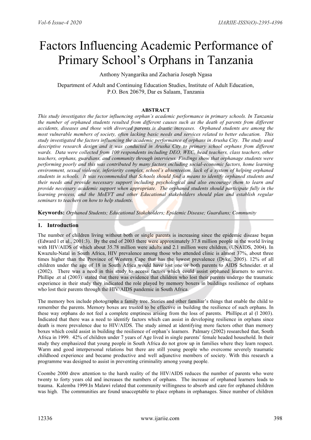 Factors Influencing Academic Performance of Primary School's