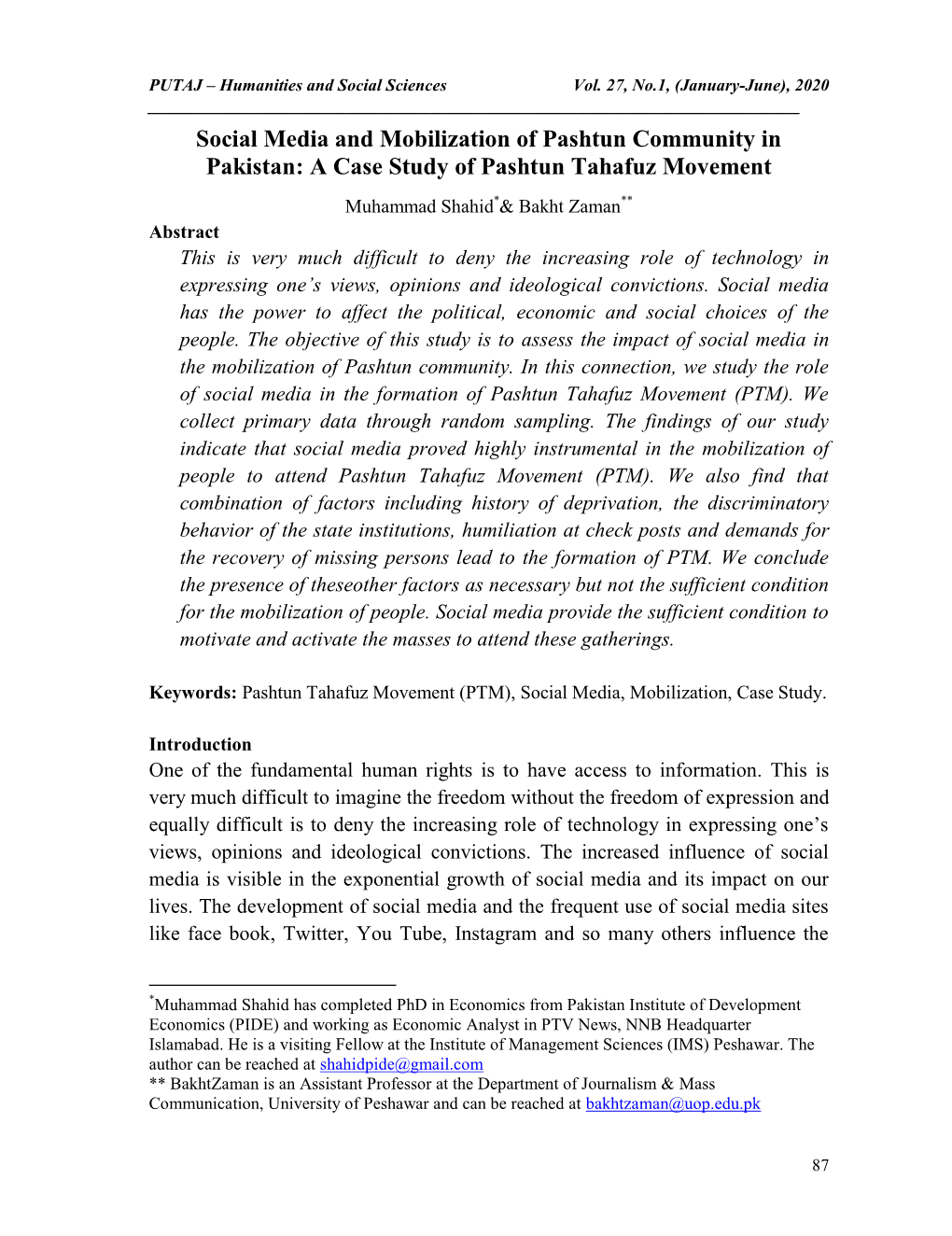 Social Media and Mobilization of Pashtun Community in Pakistan: a Case Study of Pashtun Tahafuz Movement