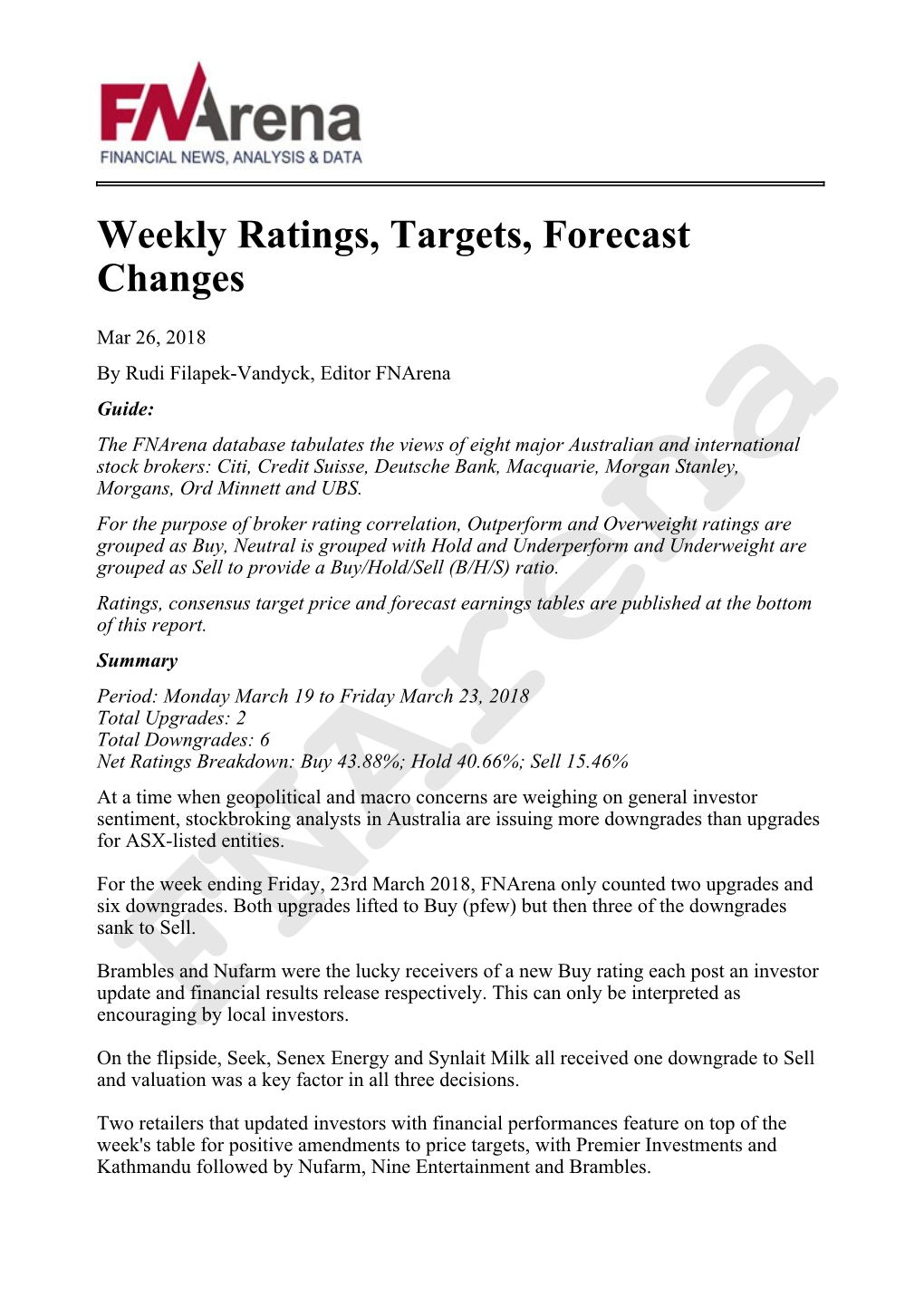 Weekly Ratings, Targets, Forecast Changes