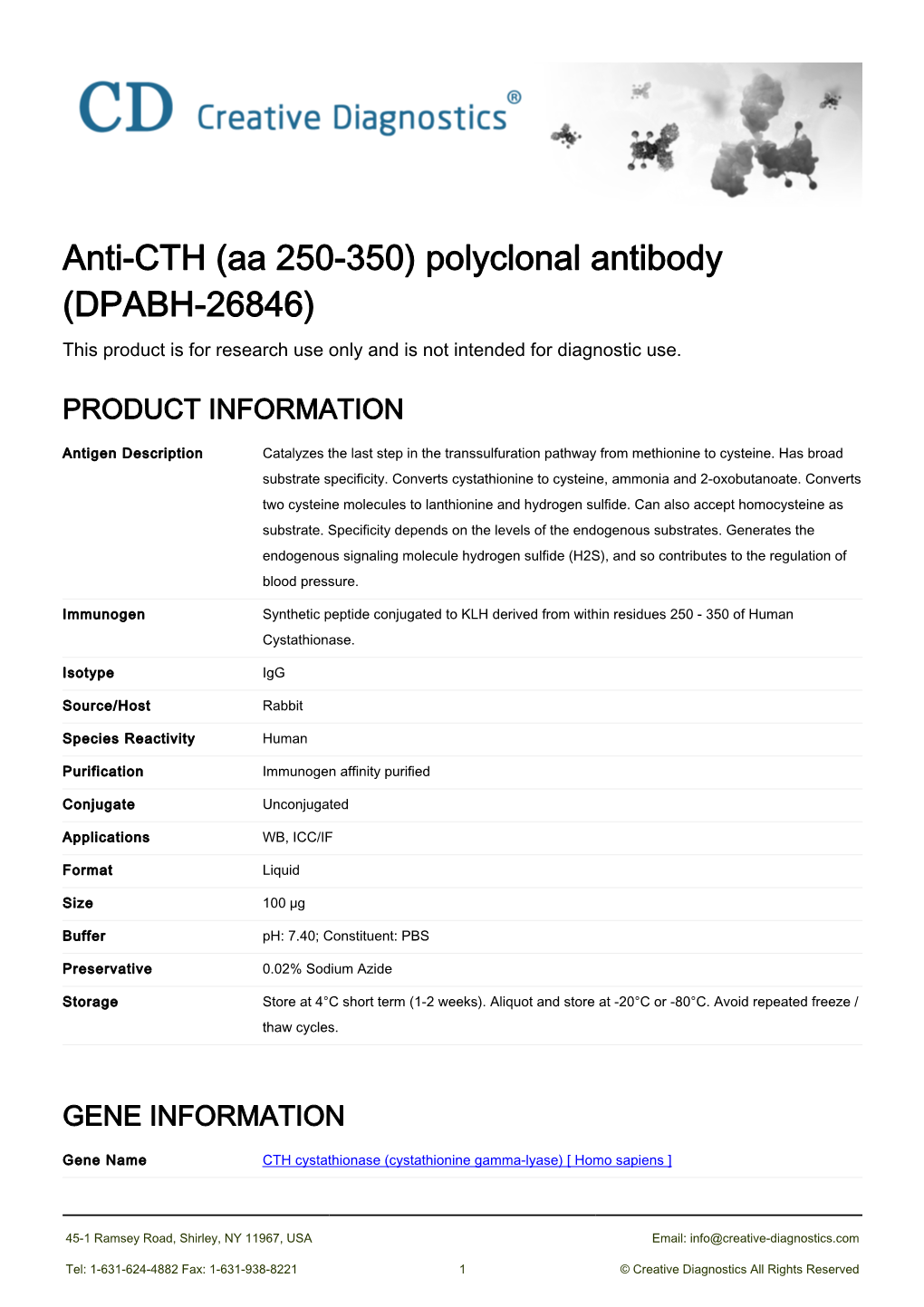 Anti-CTH (Aa 250-350) Polyclonal Antibody (DPABH-26846) This Product Is for Research Use Only and Is Not Intended for Diagnostic Use