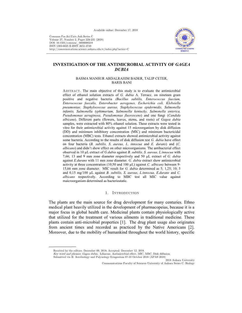 Investigation of the Antimicrobial Activity of Gagea Dubia