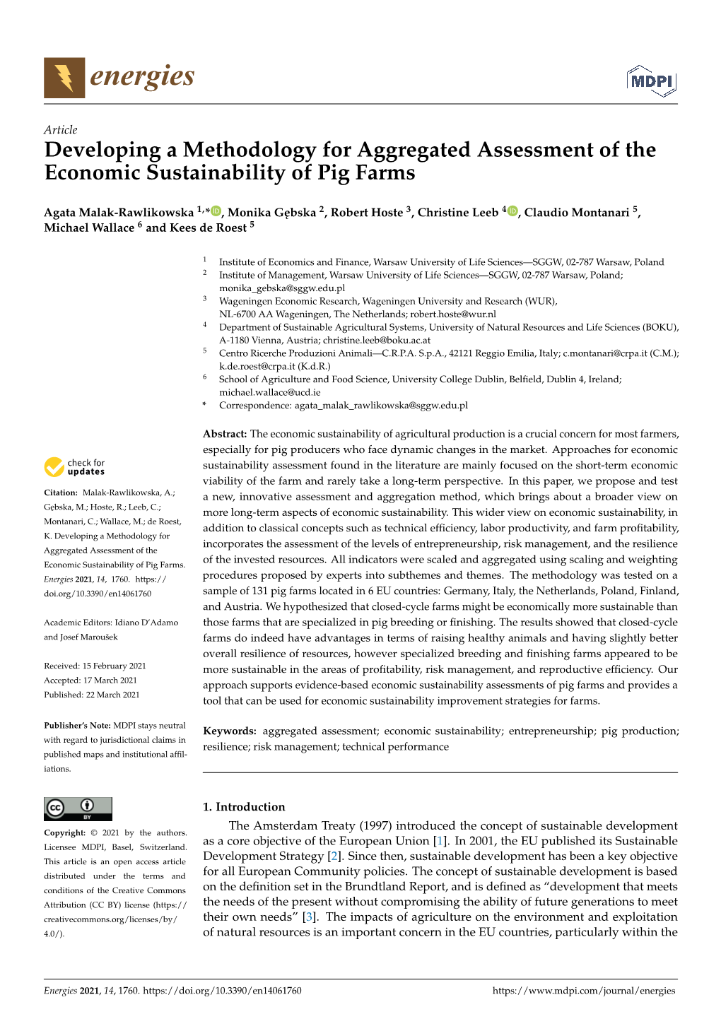 Developing a Methodology for Aggregated Assessment of the Economic Sustainability of Pig Farms