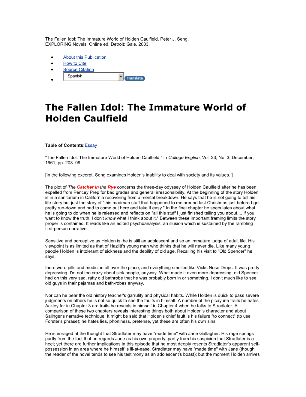 The Fallen Idol: the Immature World of Holden Caulfield