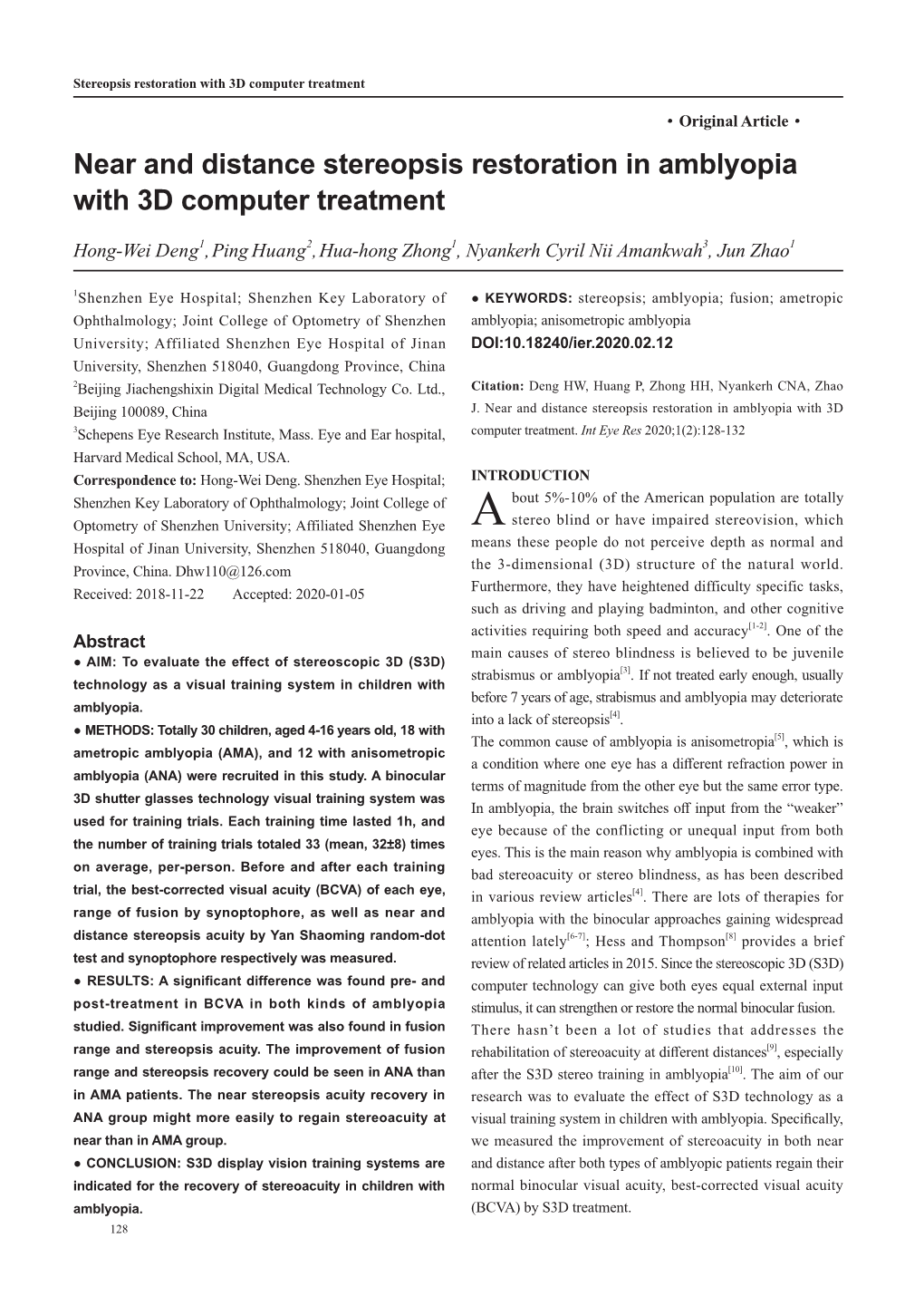 Near and Distance Stereopsis Restoration in Amblyopia with 3D Computer Treatment