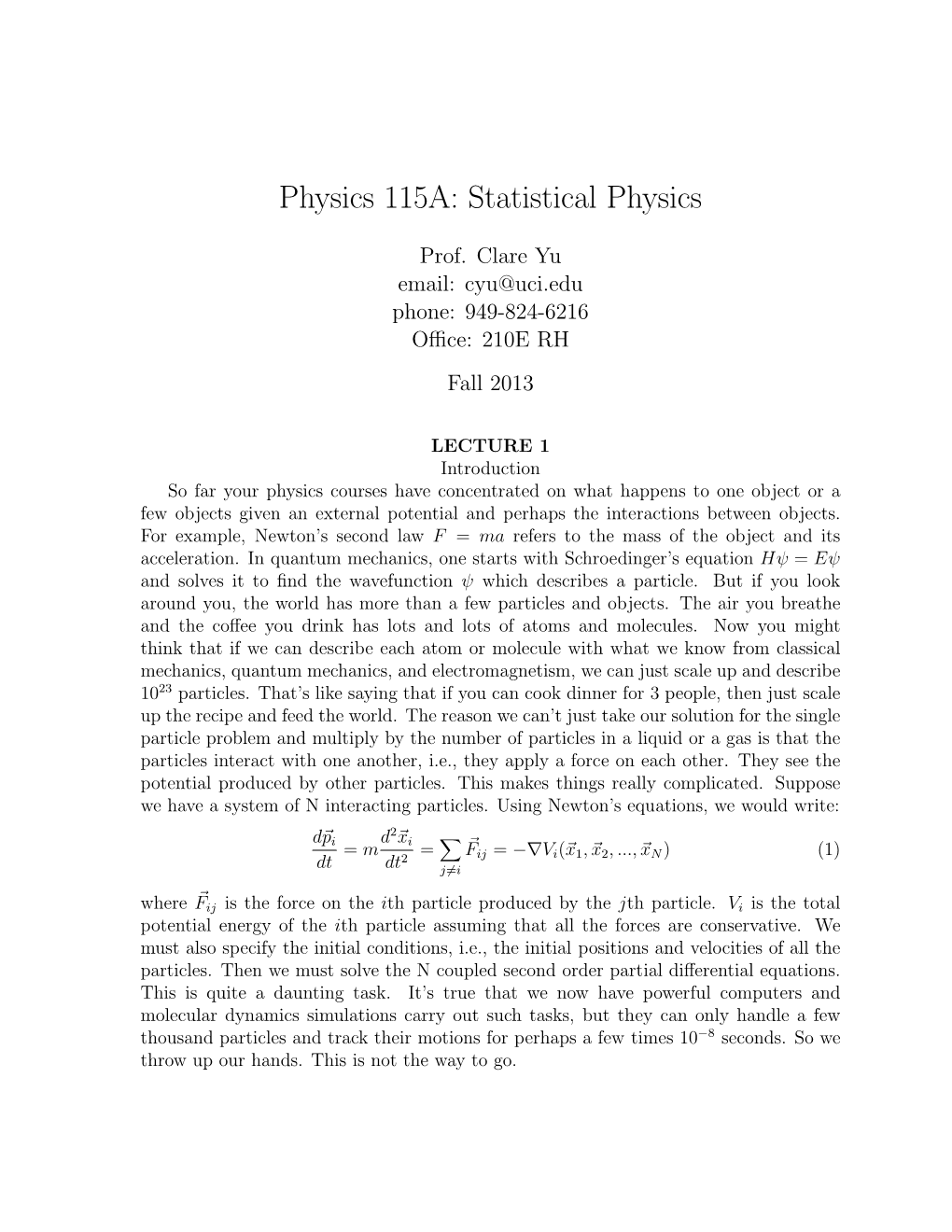 Physics 115A: Statistical Physics