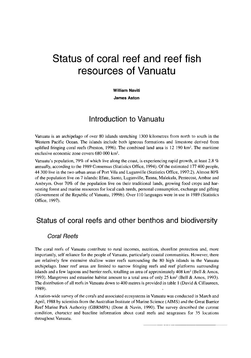 Status of Coral Reef and Reef Fish Resources of Vanuatu