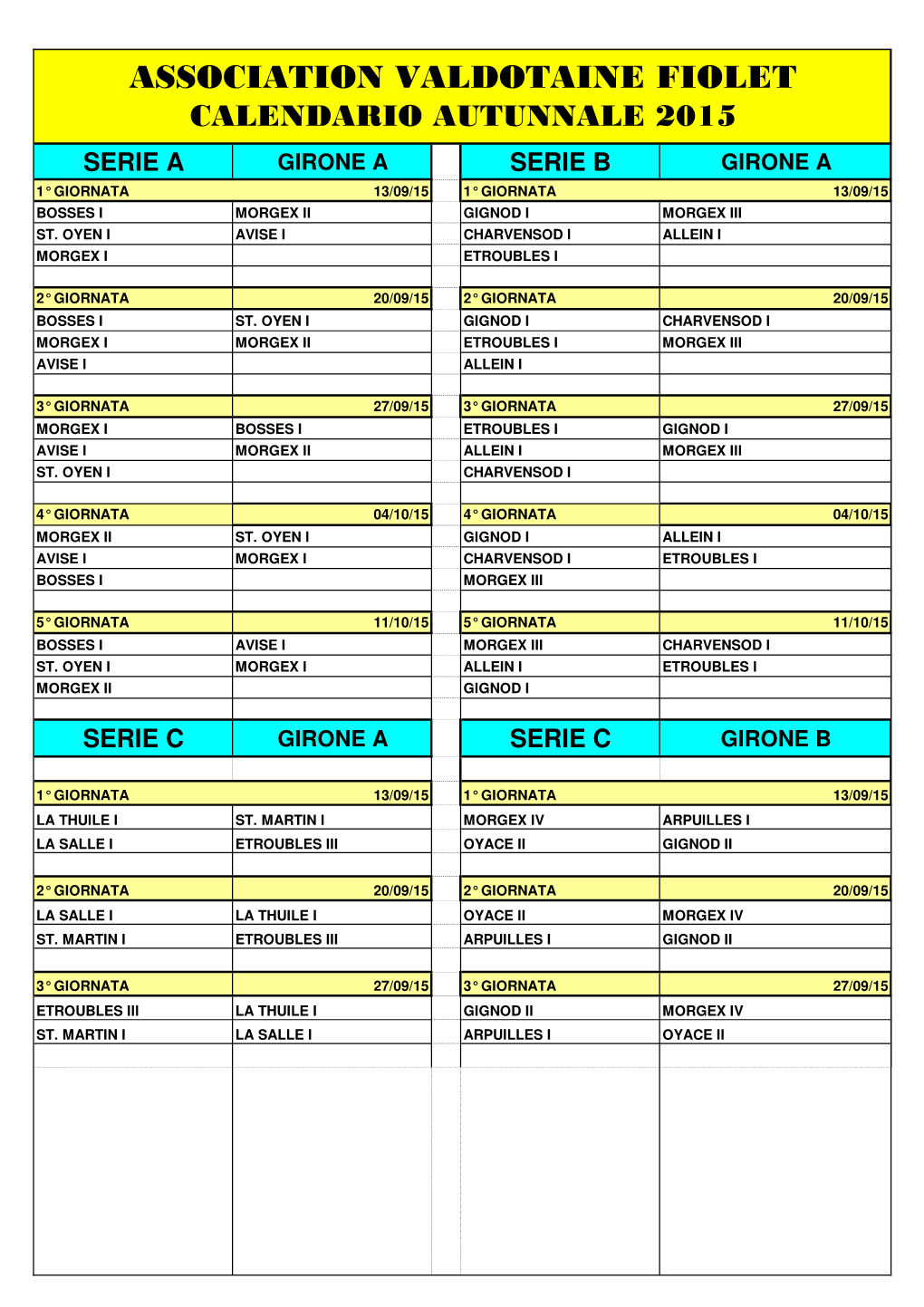 Calendario Autunnale 2015 Serie a Girone a Serie B Girone a 1° Giornata 13/09/15 1° Giornata 13/09/15 Bosses I Morgex Ii Gignod I Morgex Iii St