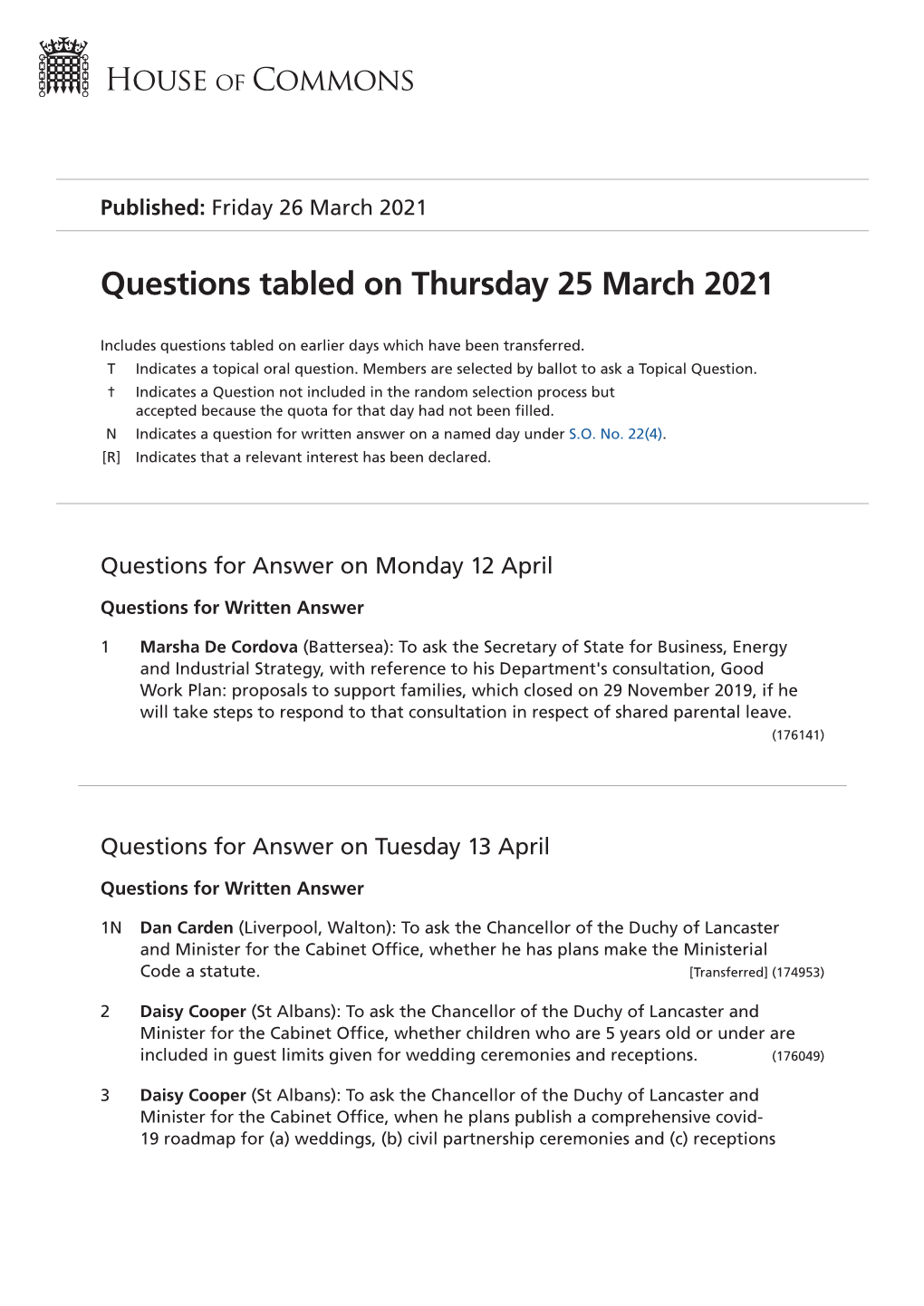 Questions Tabled on Thursday 25 March 2021