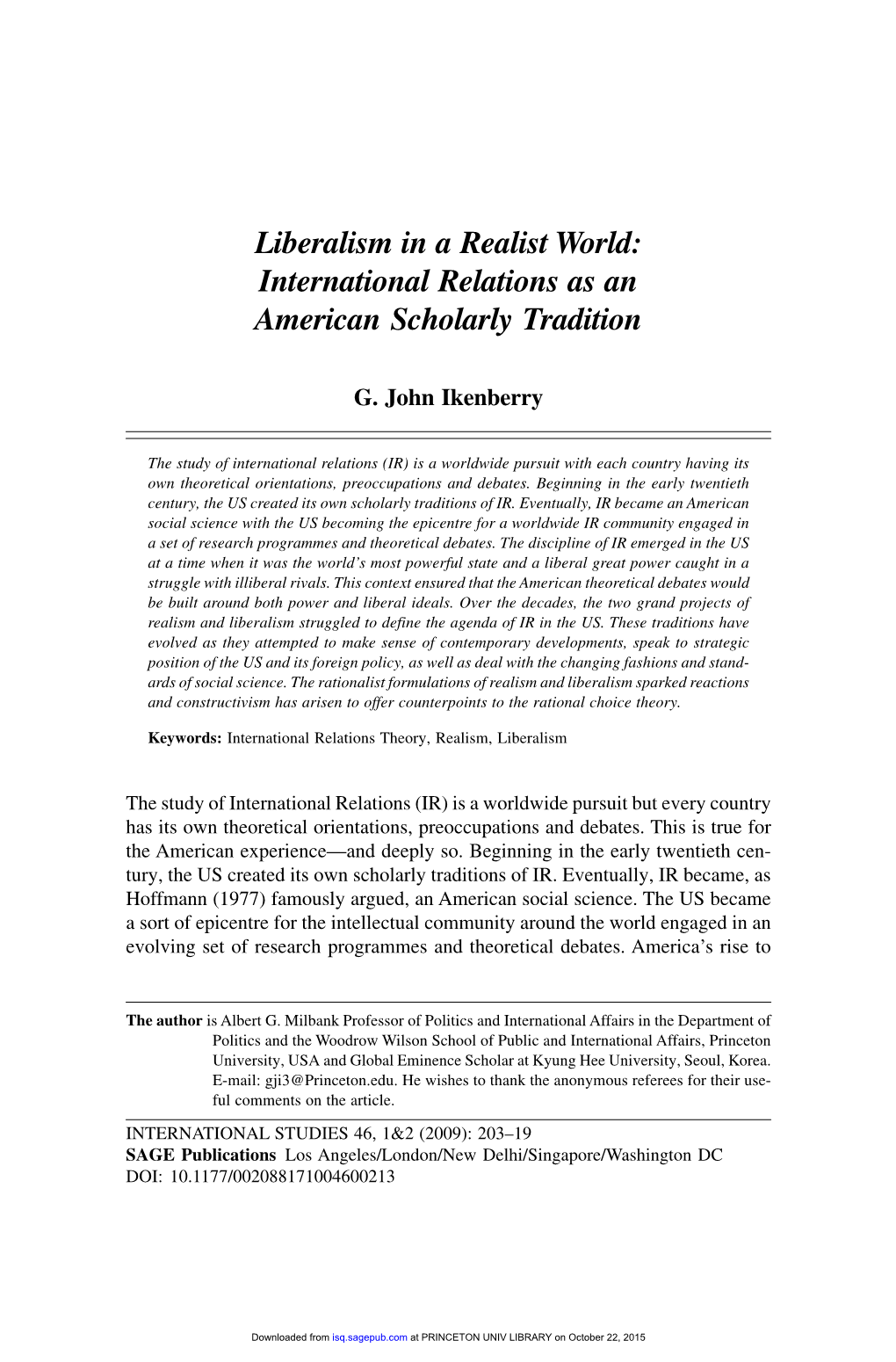 Liberalism in a Realist World: International Relations As an American Scholarly Tradition