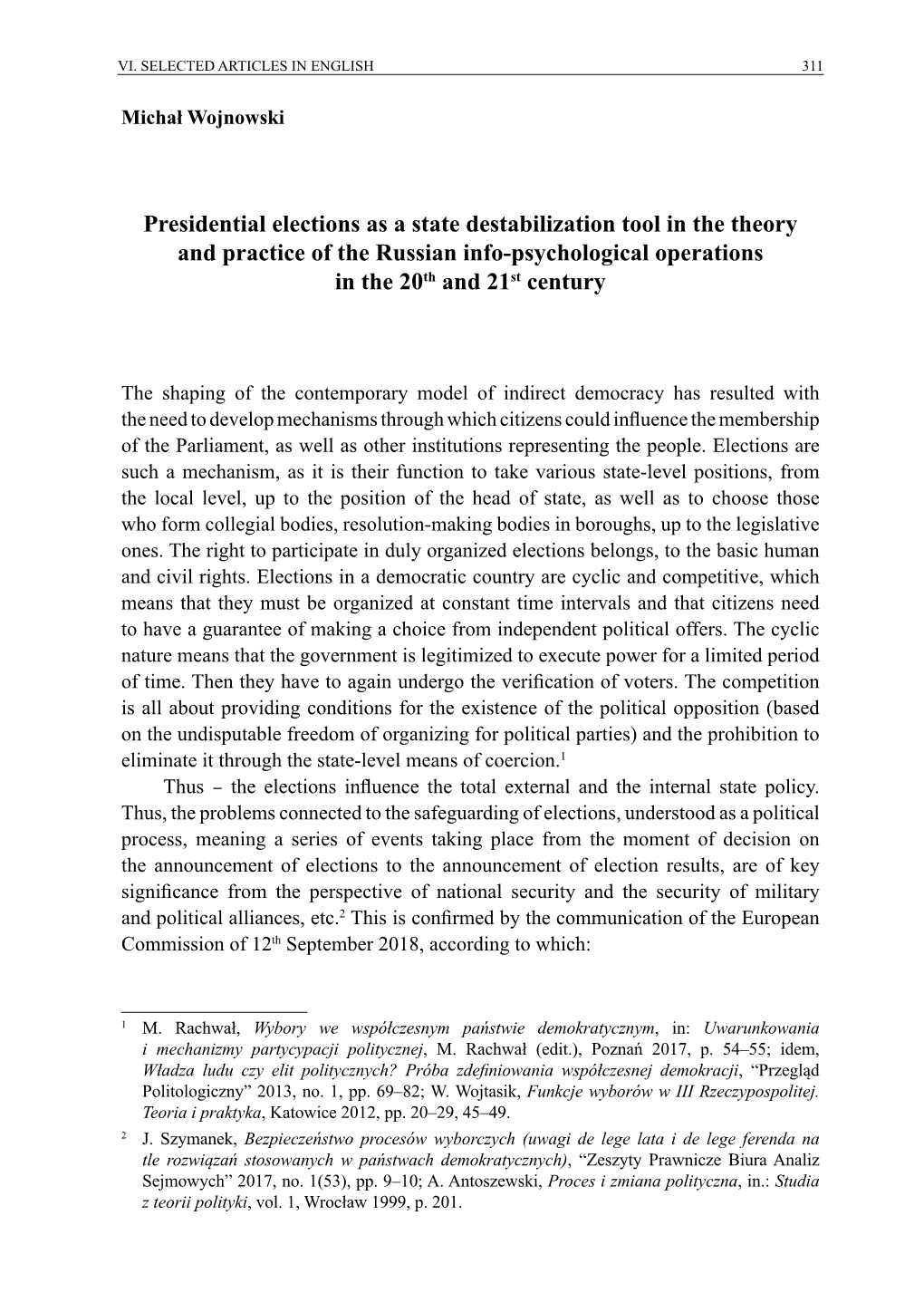 Presidential Elections As a State Destabilization Tool in the Theory and Practice of the Russian Info-Psychological Operations in the 20Th and 21St Century