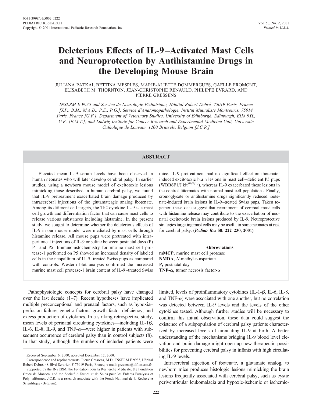 Deleterious Effects of IL-9–Activated Mast Cells and Neuroprotection by Antihistamine Drugs in the Developing Mouse Brain