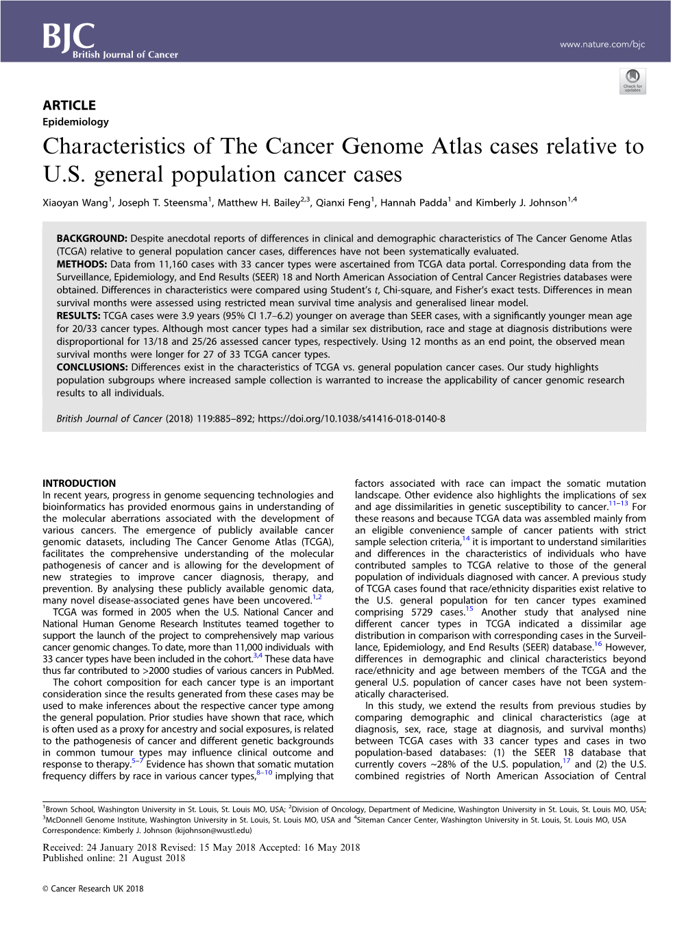 Characteristics of the Cancer Genome Atlas Cases Relative to U.S. General Population Cancer Cases