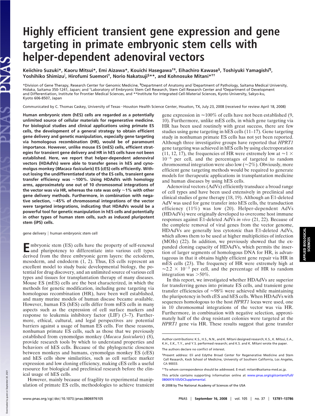 Highly Efficient Transient Gene Expression and Gene Targeting in Primate Embryonic Stem Cells with Helper-Dependent Adenoviral Vectors