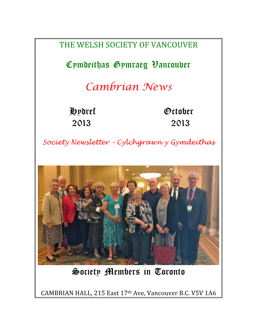 Cymdeithas Gymraeg Vancouver Cambrian News Hydref October