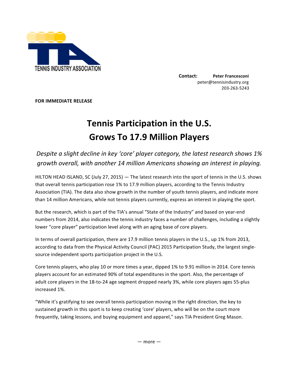Tennis Participation in the U.S. Grows to 17.9 Million Players
