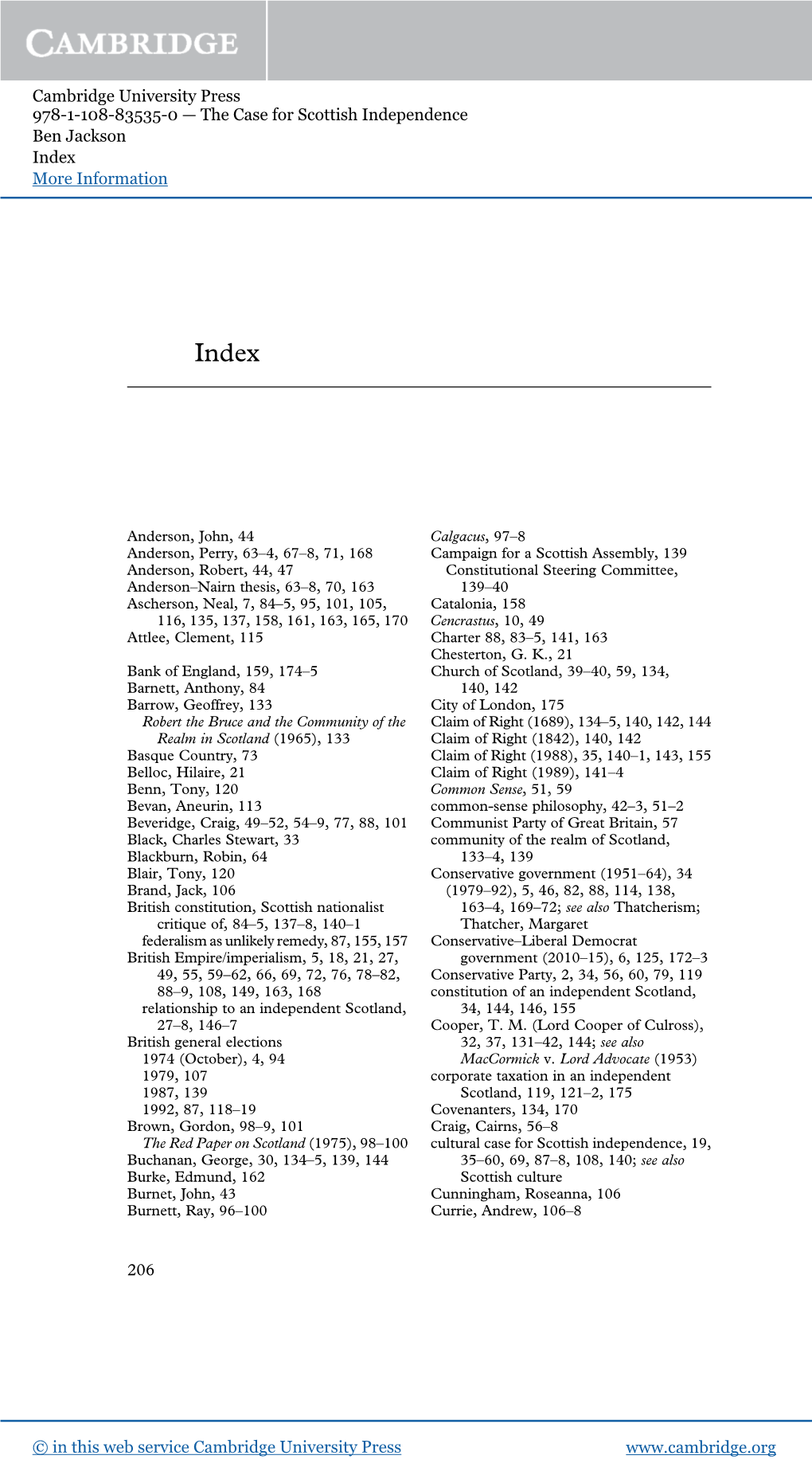 Cambridge University Press 978-1-108-83535-0 — the Case for Scottish Independence Ben Jackson Index More Information