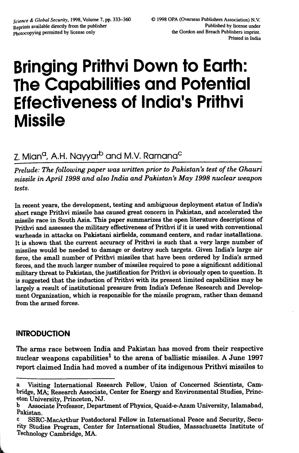 The Capabilities and Potential Effectiveness of India's Prithvi Missile Z