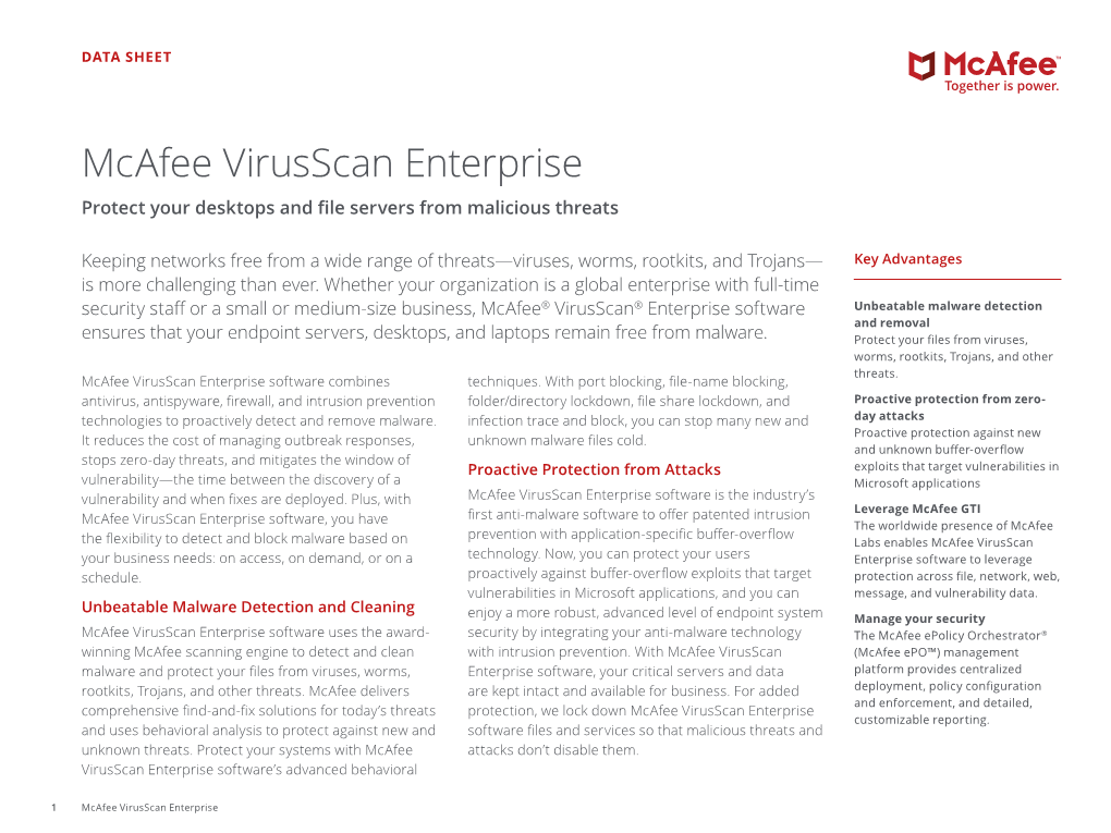 Mcafee Virusscan Enterprise Protect Your Desktops and File Servers from Malicious Threats