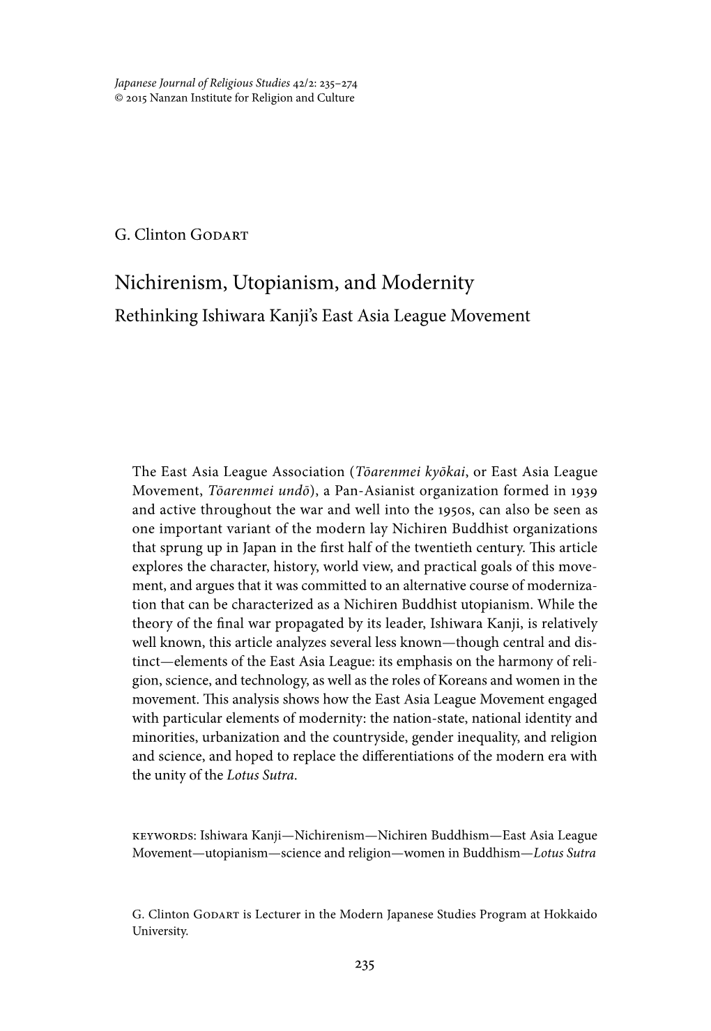 Nichirenism, Utopianism, and Modernity Rethinking Ishiwara Kanji’S East Asia League Movement