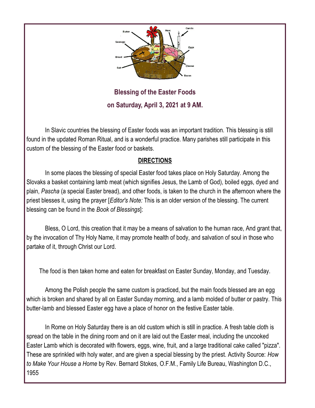 Blessing of the Easter Foods on Saturday, April 3, 2021 at 9 AM