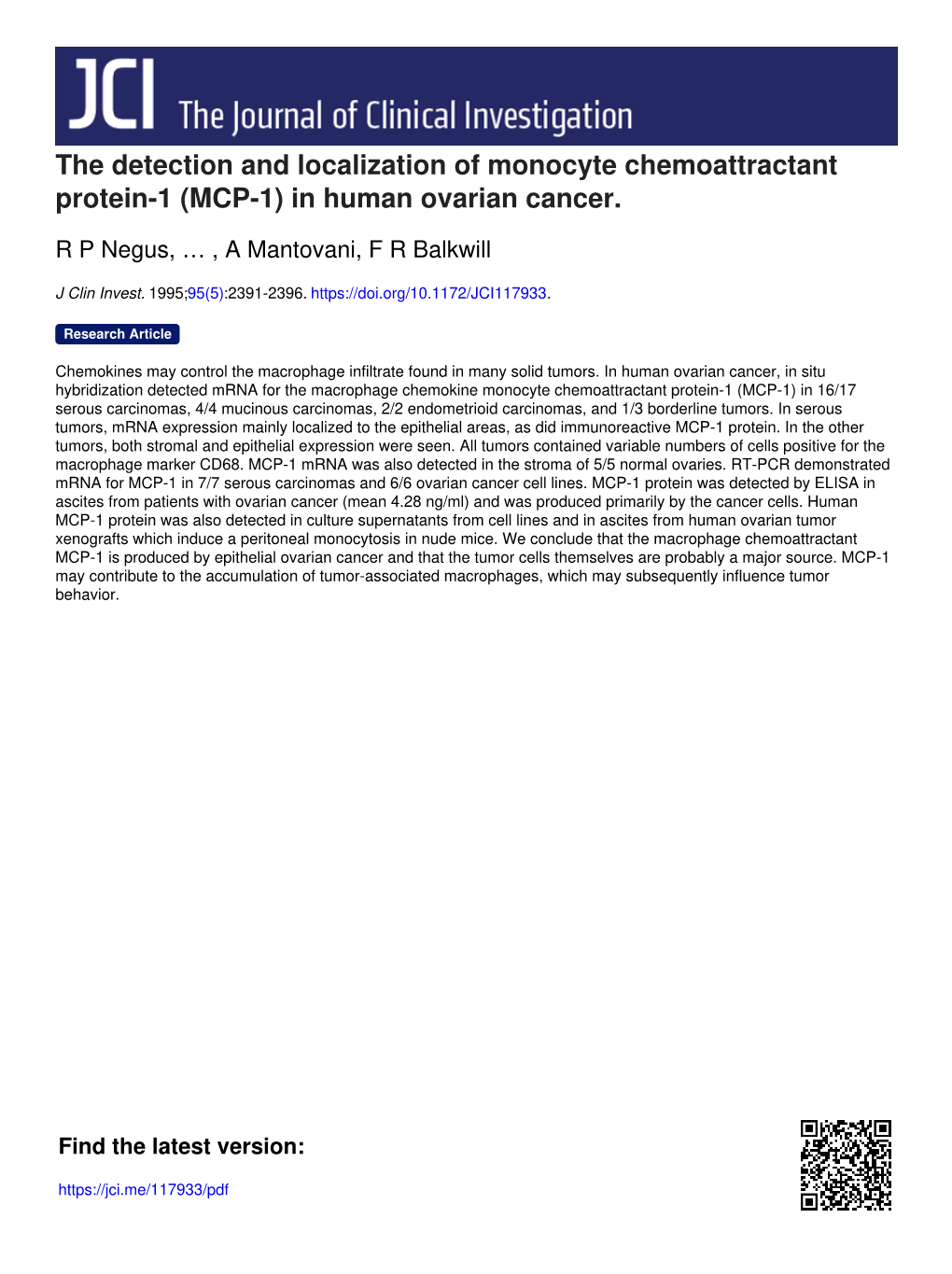 The Detection and Localization of Monocyte Chemoattractant Protein-1 (MCP-1) in Human Ovarian Cancer