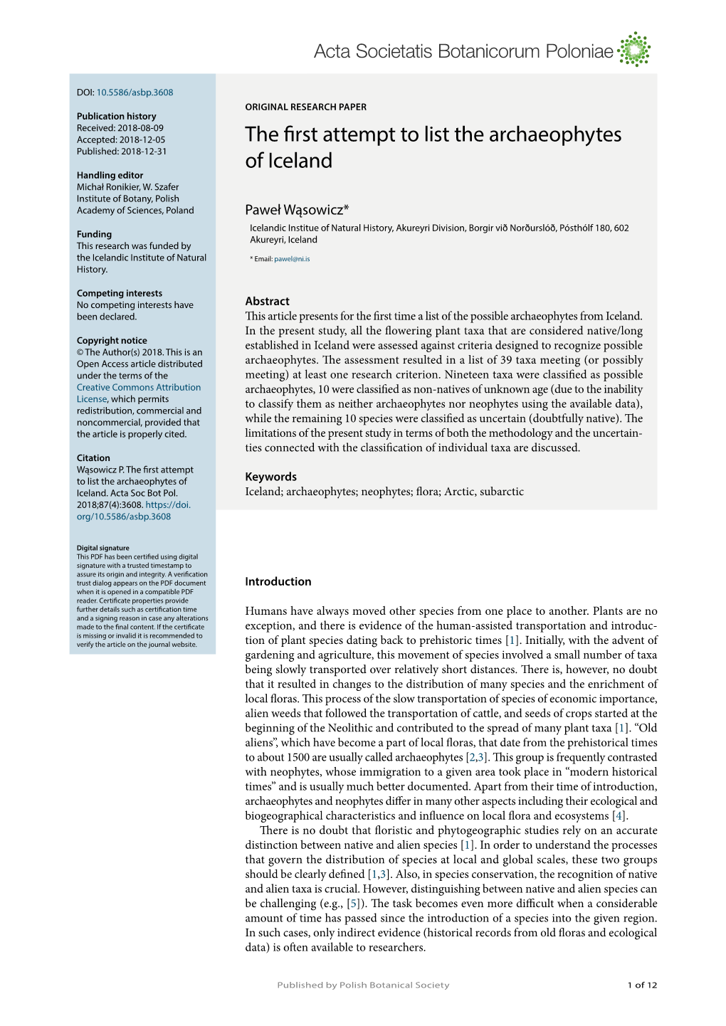 The First Attempt to List the Archaeophytes of Iceland