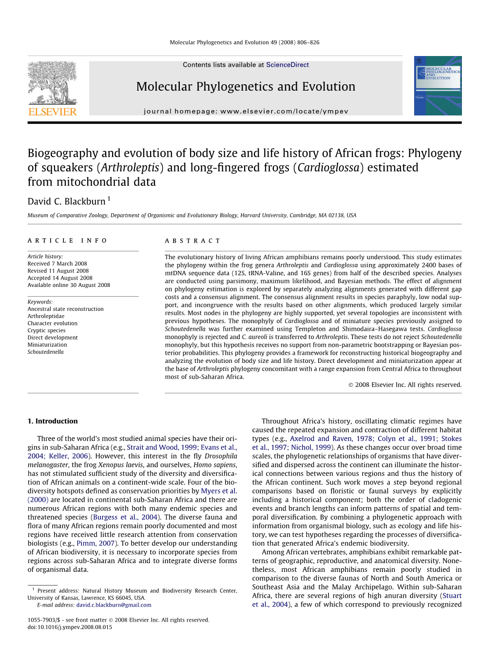 Arthroleptis) and Long-ﬁngered Frogs (Cardioglossa) Estimated from Mitochondrial Data