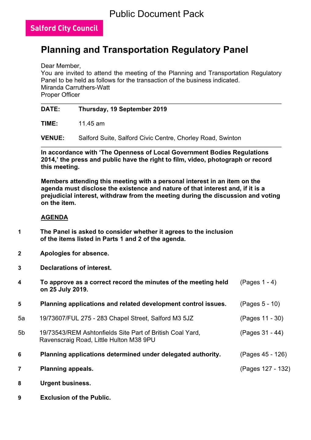 (Public Pack)Agenda Document for Planning and Transportation Regulatory Panel, 19/09/2019 11:45
