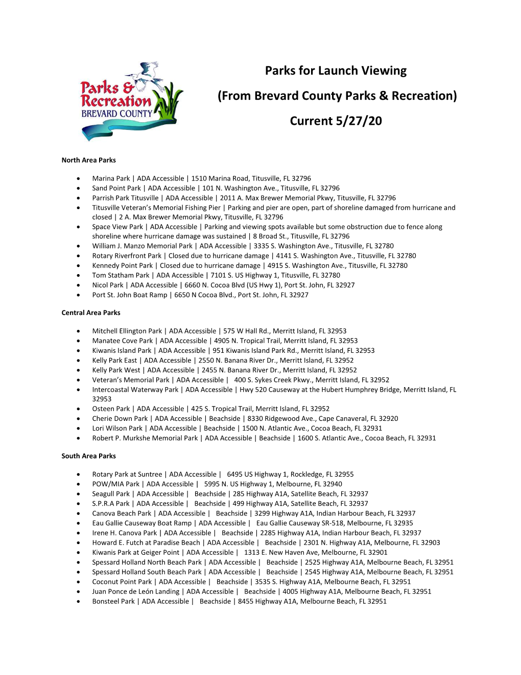 Parks for Launch Viewing (From Brevard County Parks & Recreation)