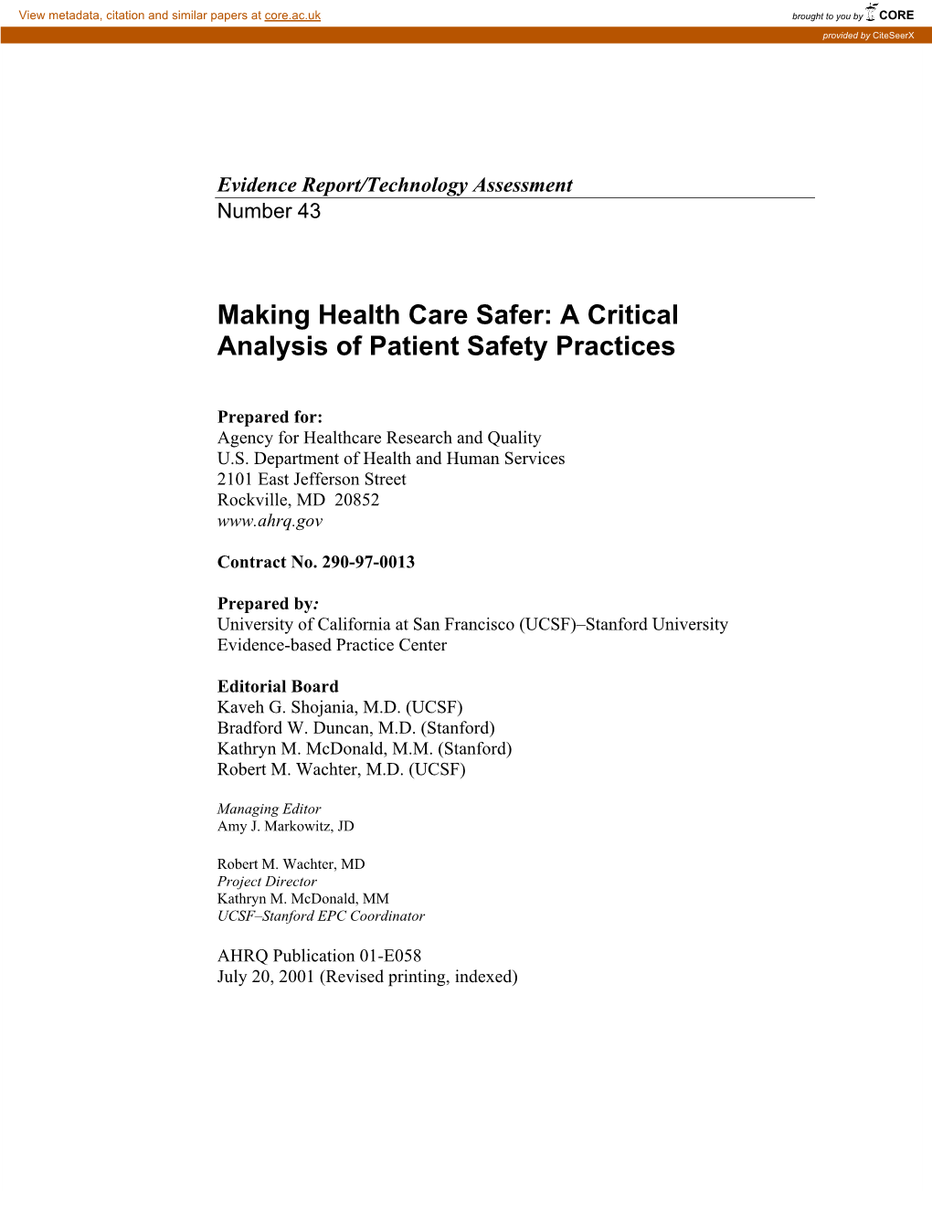 Making Health Care Safer: a Critical Analysis of Patient Safety Practices