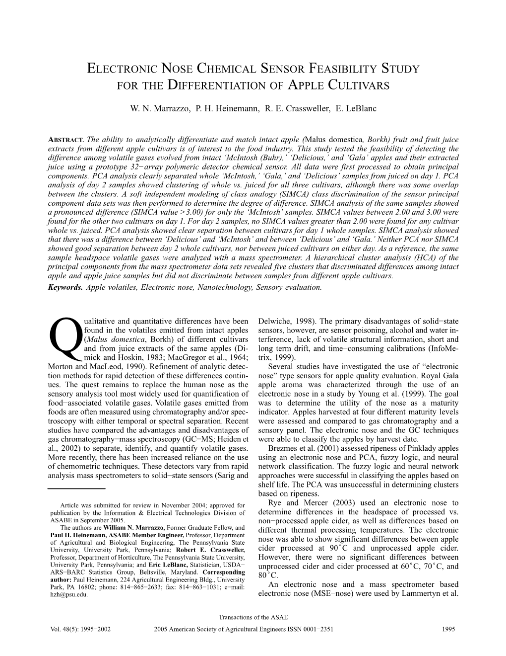 Electronic Nose Chemical Sensor Feasibility Study for the Differentiation of Apple Cultivars