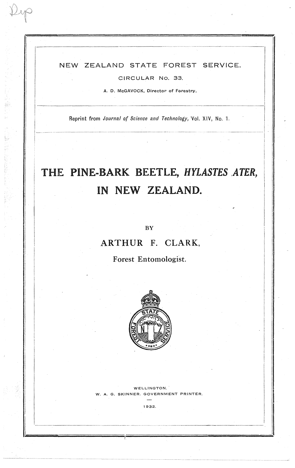 The Pine-Bark Beetle, Hylastes ,Ater, in New Zealand