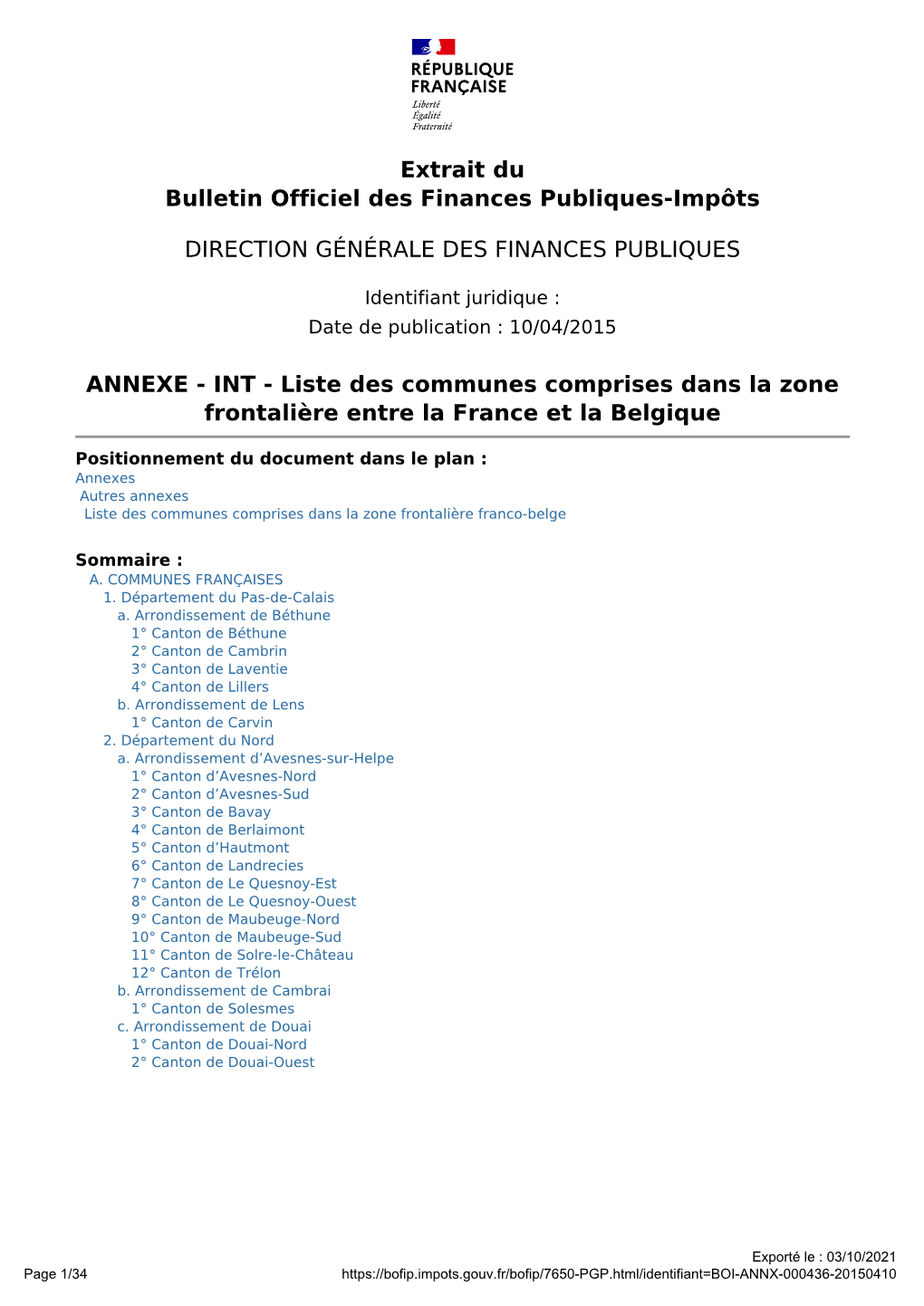 Liste Des Communes Comprises Dans La Zone Frontalière Entre La France Et La Belgique