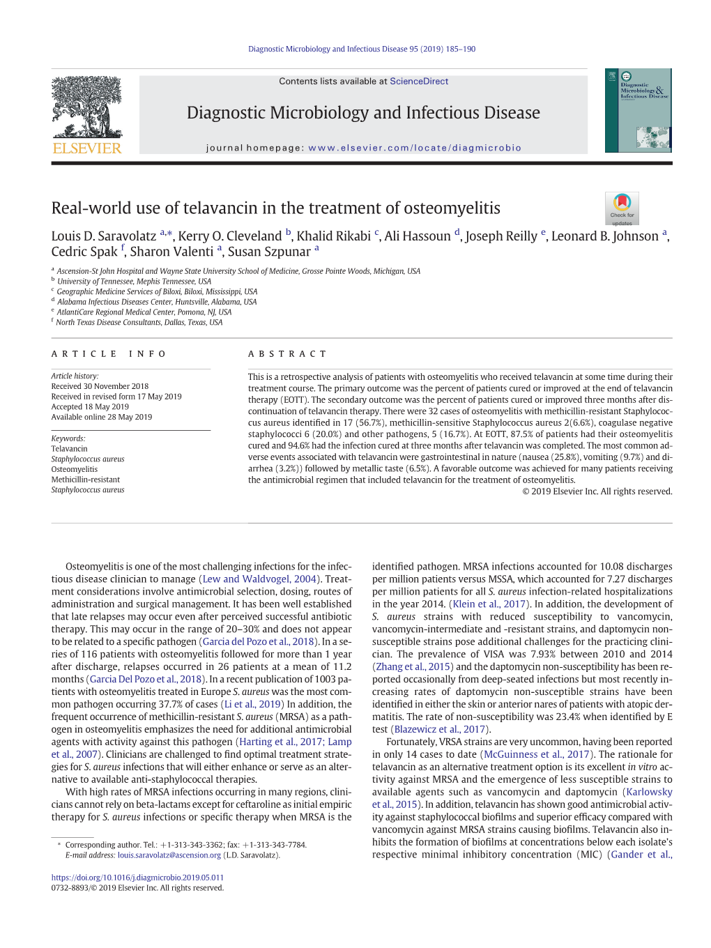 Real-World Use of Telavancin in the Treatment of Osteomyelitis