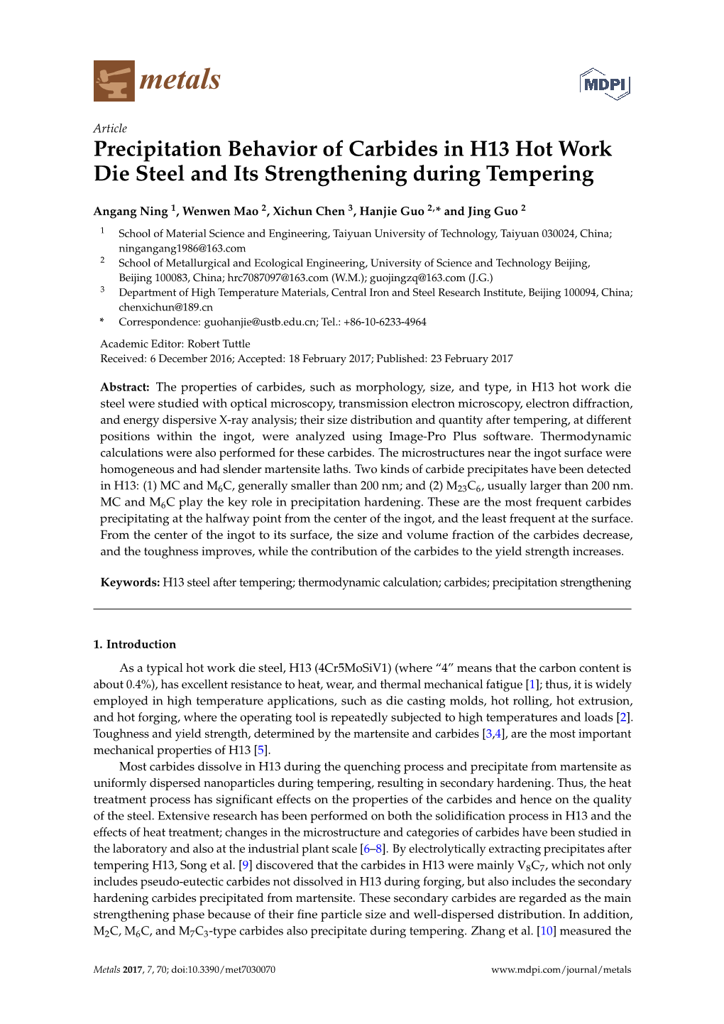 Precipitation Behavior of Carbides in H13 Hot Work Die Steel and Its Strengthening During Tempering