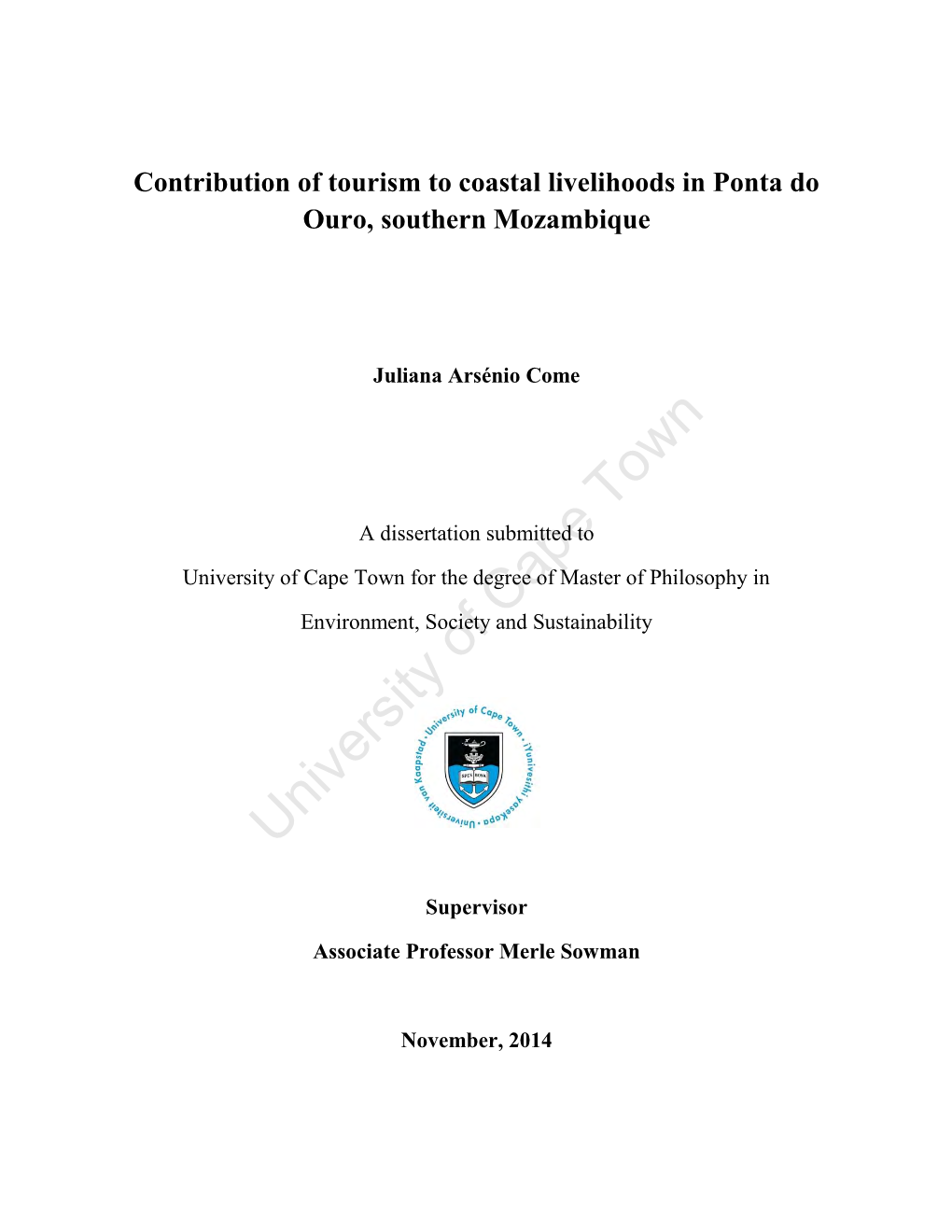 Contribution of Tourism to Coastal Livelihoods in Ponta Do Ouro, Southern Mozambique