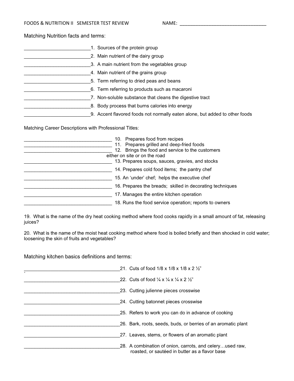 Foods & Nutrition Ii Semester Test Review Name: ______