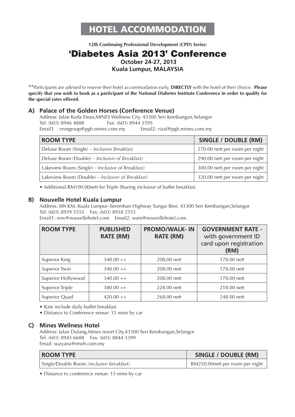 HOTEL ACCOMMODATION 'Diabetes Asia 2013' Conference