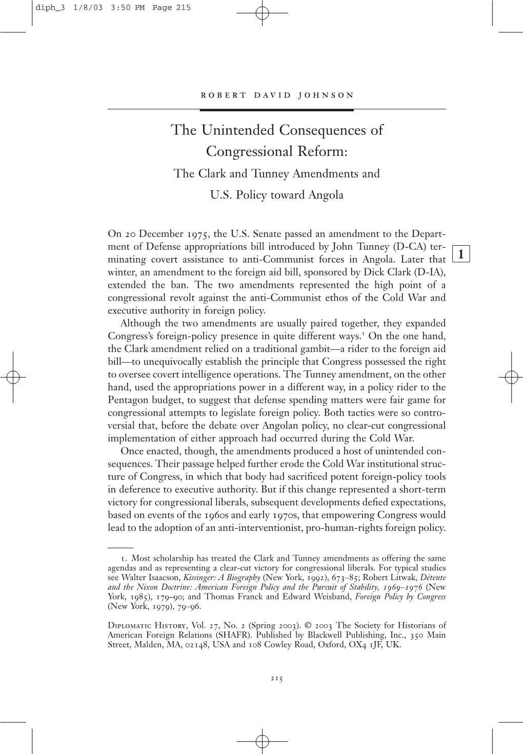 The Unintended Consequences of Congressional Reform: the Clark and Tunney Amendments and U.S