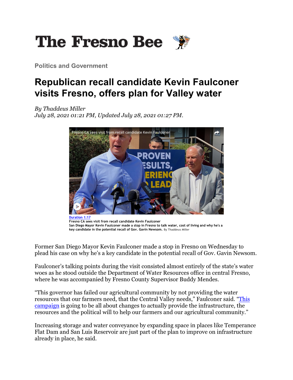 Republican Recall Candidate Kevin Faulconer Visits Fresno, Offers Plan for Valley Water